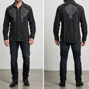 Y2K House of Lords Button Up Long Sleeve Shirt XXL Embroidered Western Goth